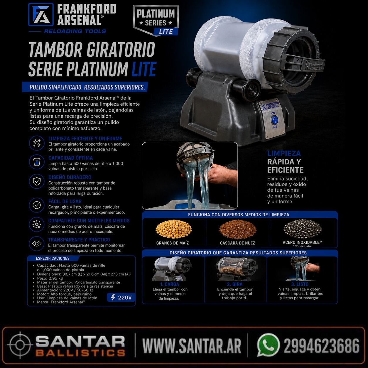 Frankford Arsenal Lavadora Giratoria de la Serie Platinum Lite - Santar Ballistics