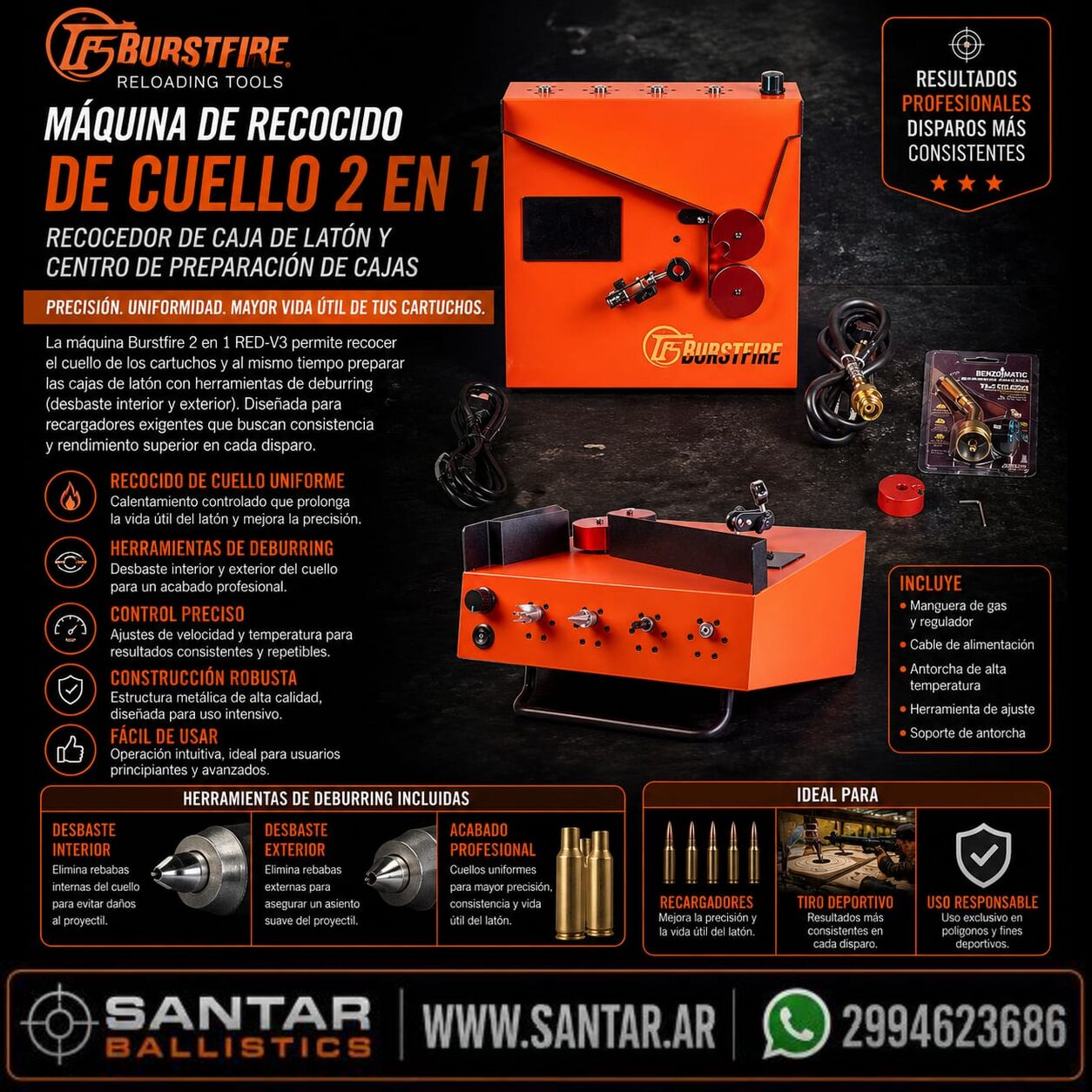 Burstfire - 2 en 1 - Annealer recocido  de vainas = brass + case prep center - Santar Ballistics