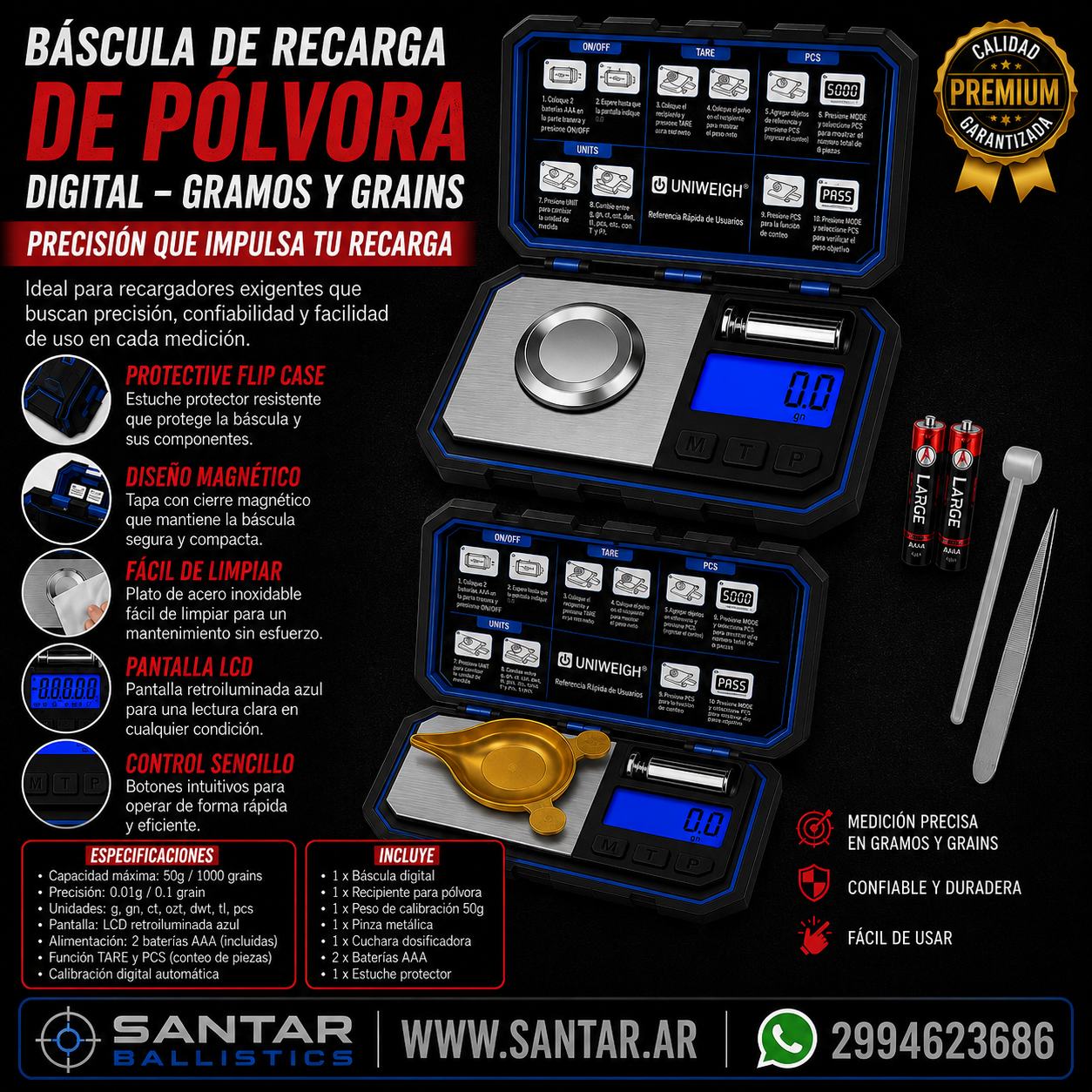 Bascula/Balanza de recarga de polvora en gramos y grains - Digital - UNIWEIGH - Santar Ballistics