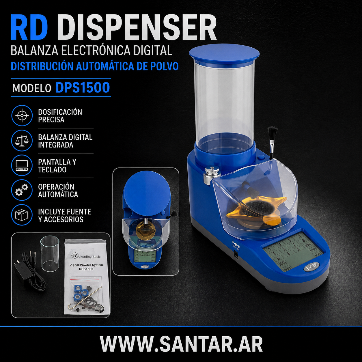 RD Dispenser y balanza/bascula electrónica digital de distribución automática de polvora - Santar Ballistics