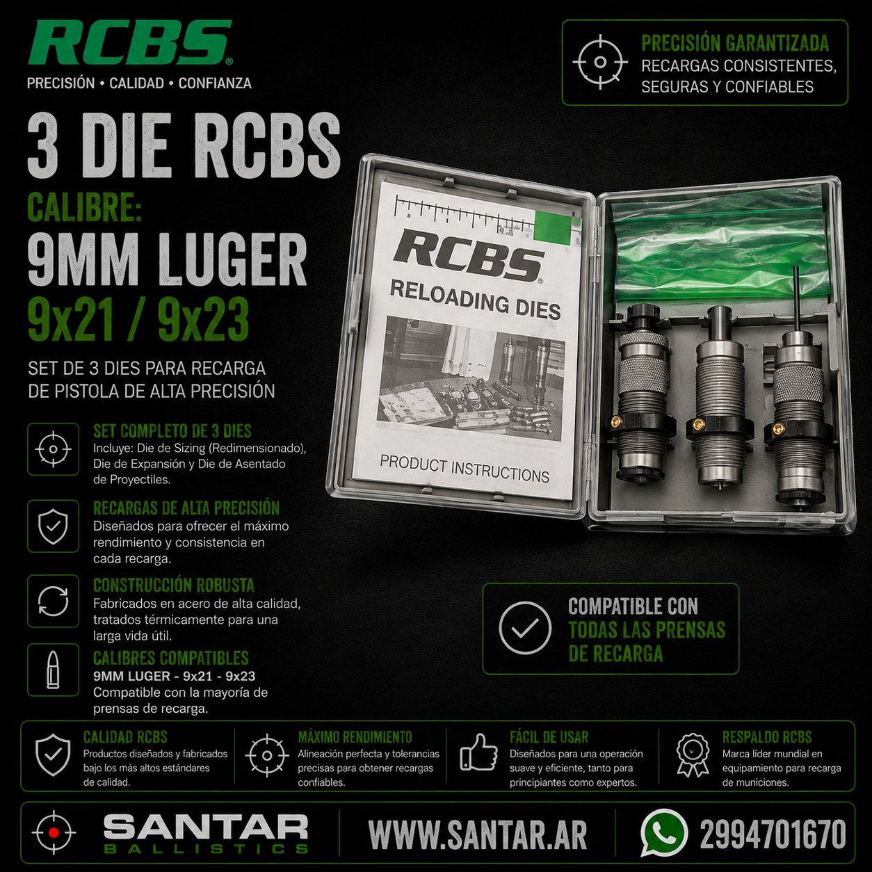 3 DIE RCBS Cal - 9MM LUGER / 9X21/9x23 - Santar Ballistics