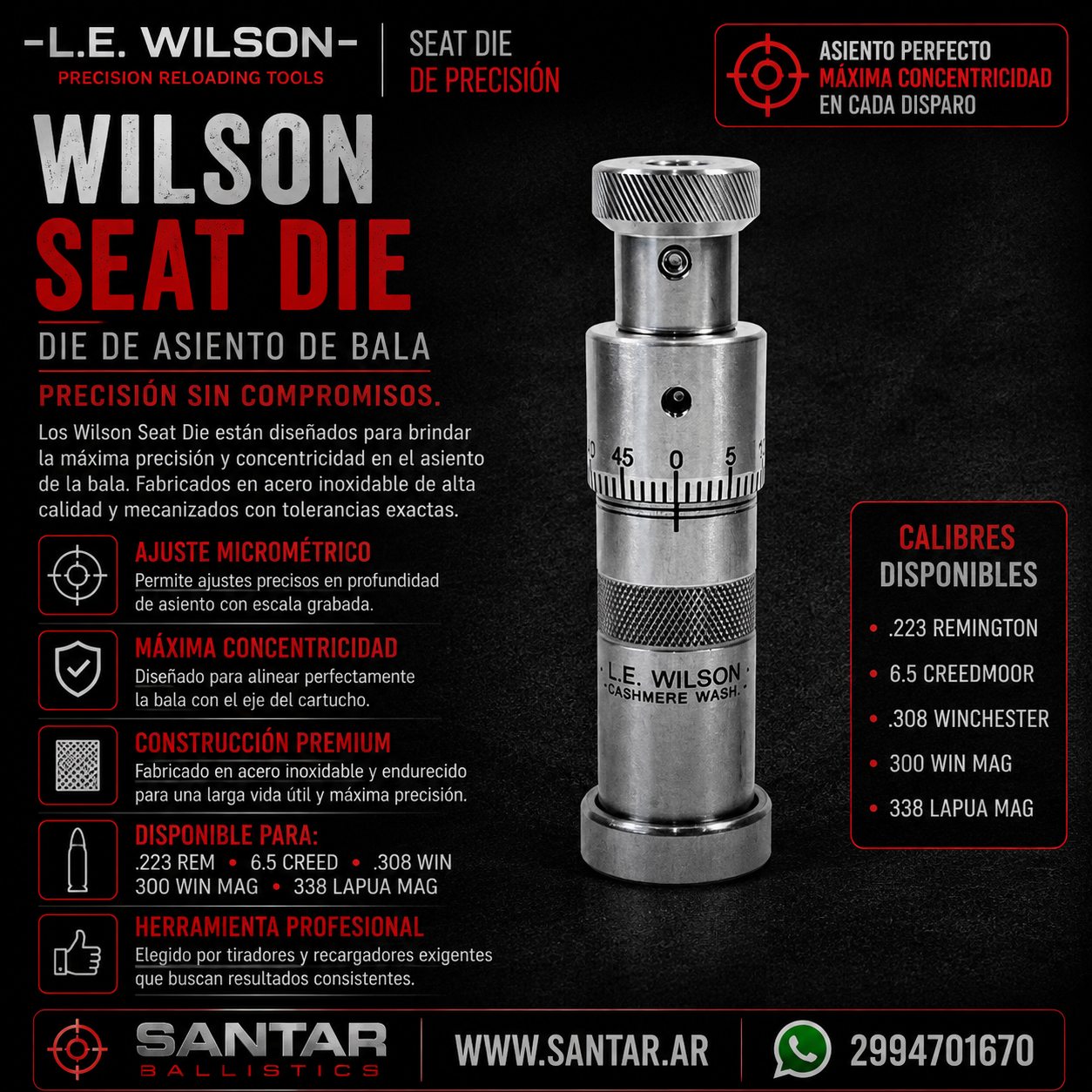Acentador de Puntas LE wilson con micrometro - 6.5 Creedmore - Santar Ballistics