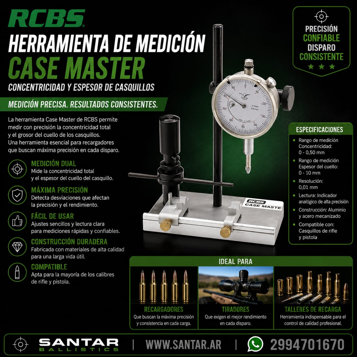 RCBS CASE MASTER - medidor concentricidad y pared - Santar Ballistics