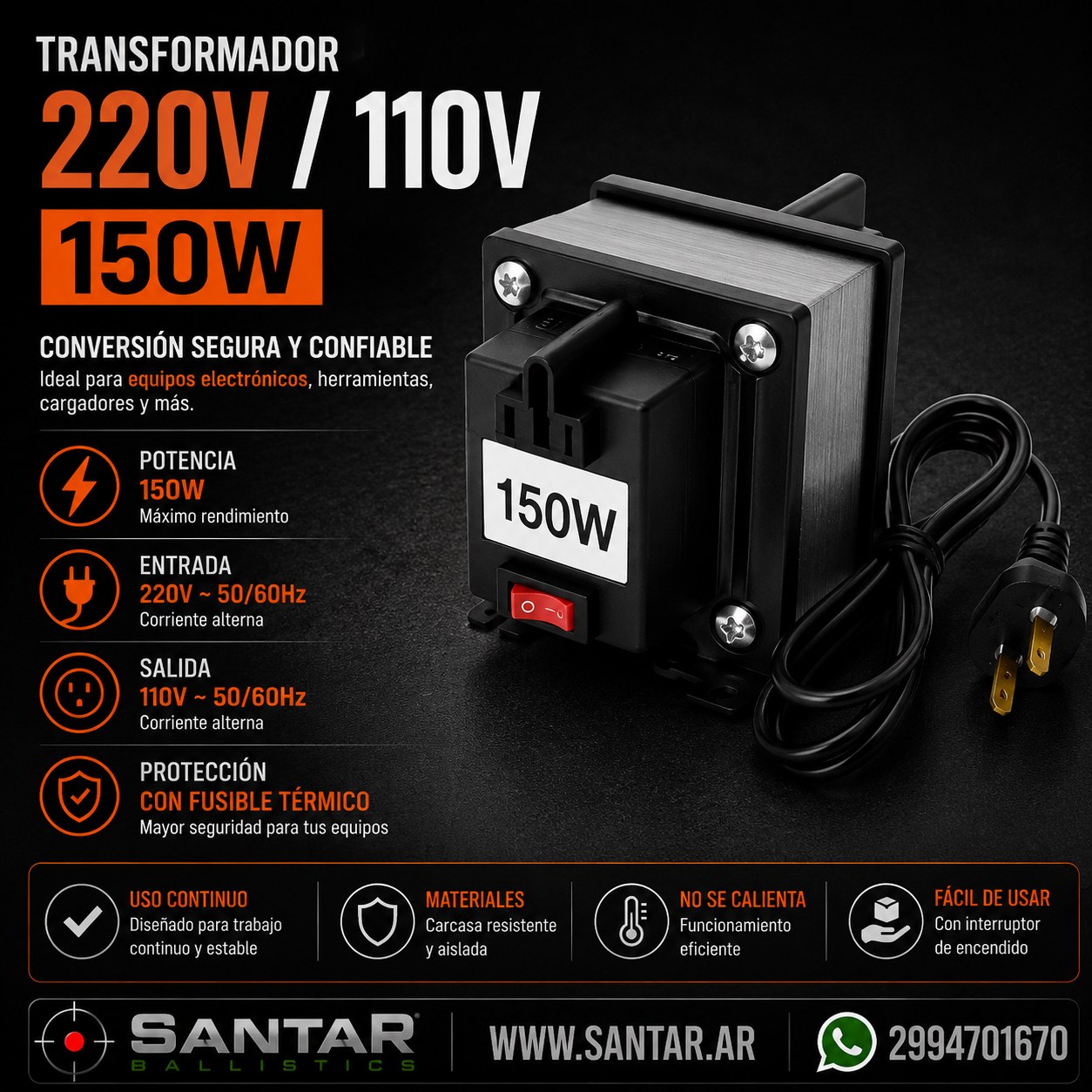 transformador 220/110v - 150w - Santar Ballistics