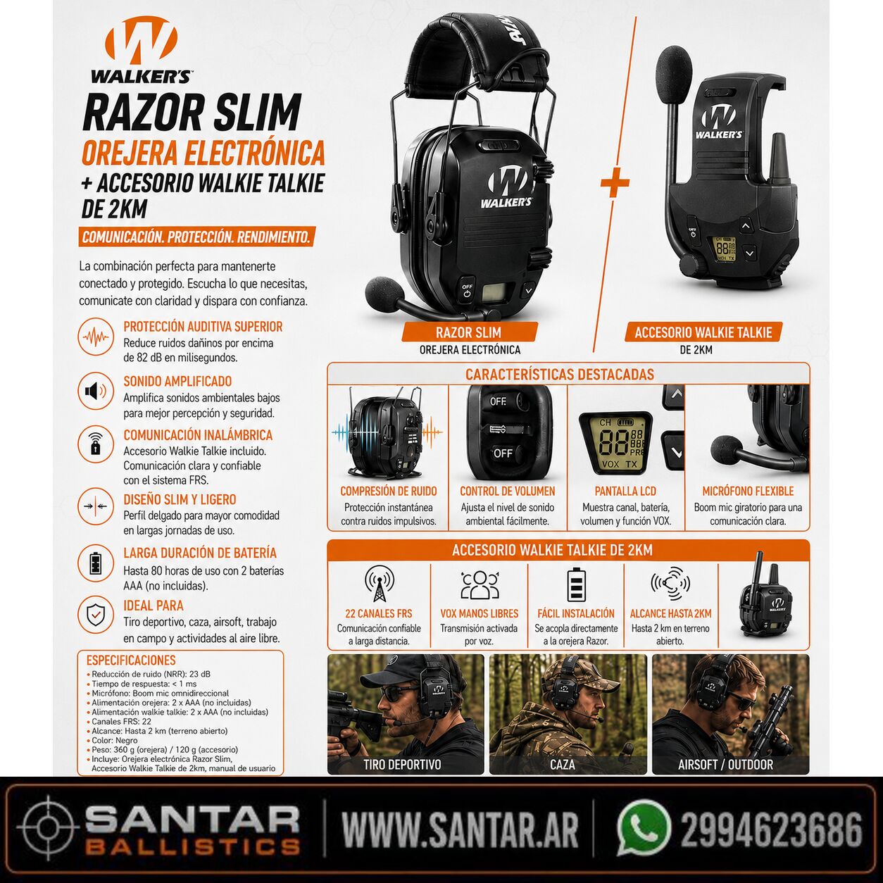 Walker's Orejera electrónica Razor Slim + Accesorio Walkie Talkie Razor - Santar Ballistics