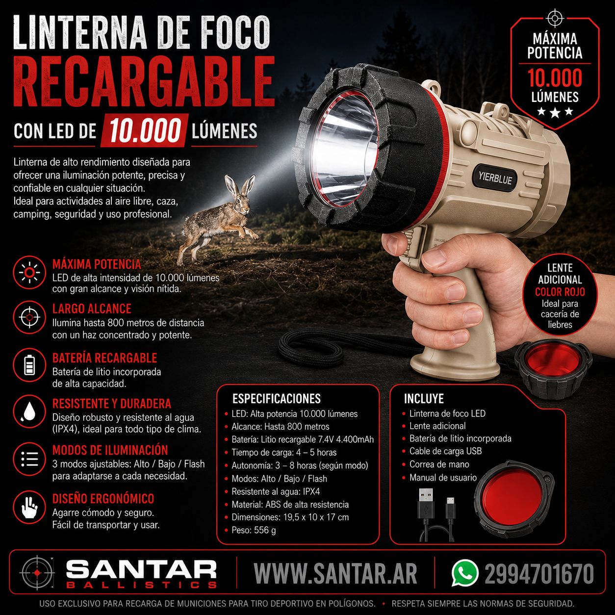 Linterna de Foco Recargable con LED de 10.000 Lúmenes - Santar Ballistics