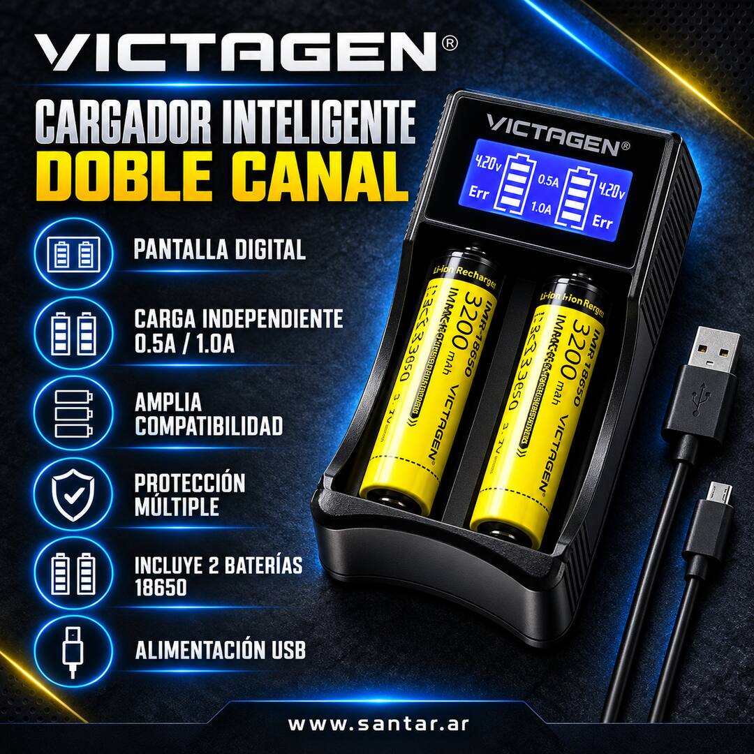 VICTAGEN Juego de cargador de batería + 2 pilas 18650 - 3700ma - Santar Ballistics